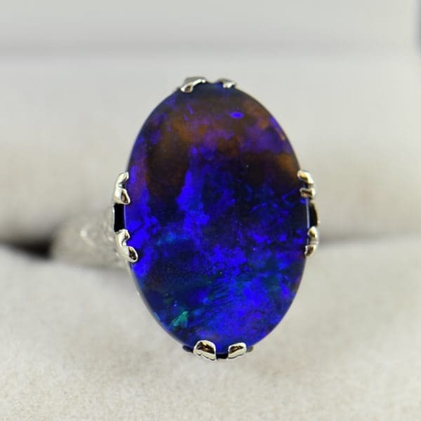 Art Deco Ring with Peacock hued Black Opal 2 1