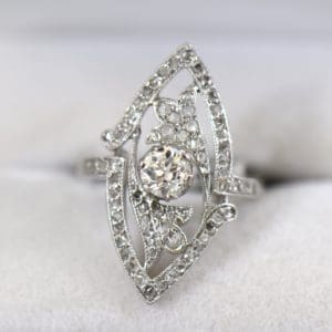 Art Nouveau Platinum Navette Ring with Rose and Mine Cut Diamonds 1