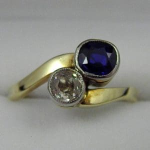 Edwardian 18k and Plat ring with Mine Cut Diamond and Sapphire French 1