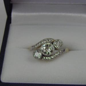 Edwardian Diamond Three Stone Ring Platinum over Gold 1ctw 1