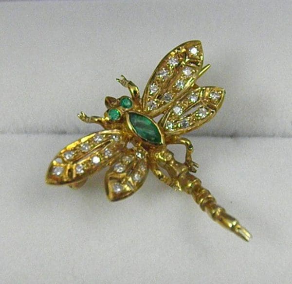Estate Diamond   Emerald Dragonfly Brooch 1
