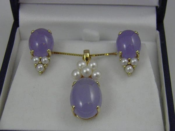 Estate Lavender Jade and Pearl Pendant   Earrings 1