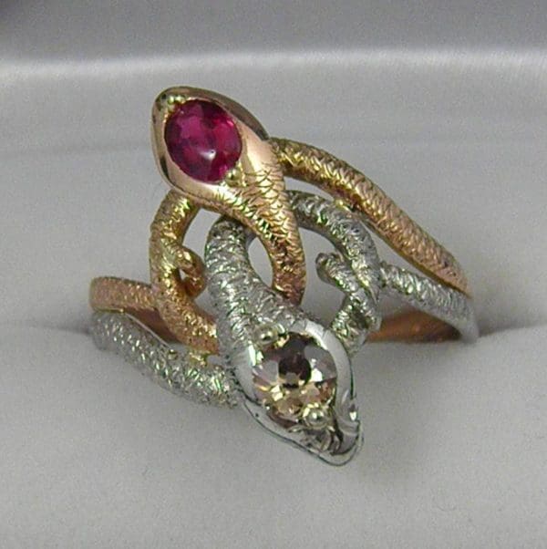 Late Victorian Snake Ring Plat and Rose Gold with Champagne Diamond and Ruby 1