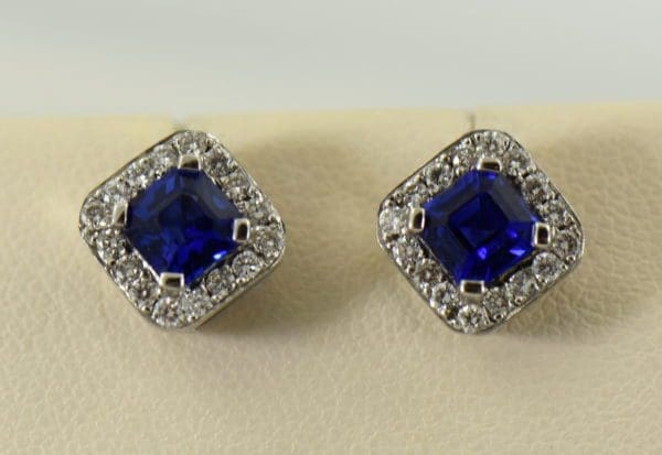 Gina s Asscher Cut Blue Sapphire and Diamond Halo Stud Earrings