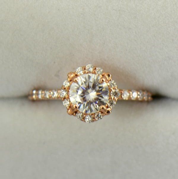 Rose Gold Halo Engagement Ring with Forever One Colorless Round Moissanite 3
