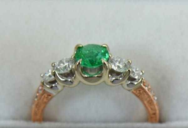 Round Colombian Emerald and Diamond 5 Stone Engagement Ring in Rose and White Gold 2