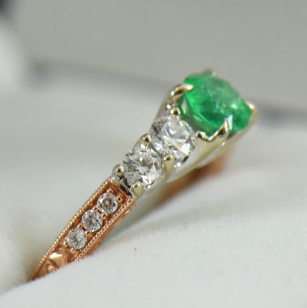 Round Colombian Emerald and Diamond 5 Stone Engagement Ring in Rose and White Gold 3