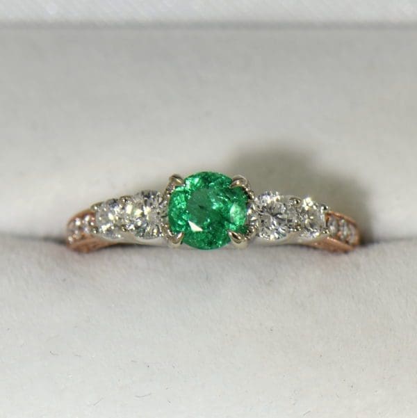 Round Colombian Emerald and Diamond 5 Stone Engagement Ring in Rose and White Gold 4
