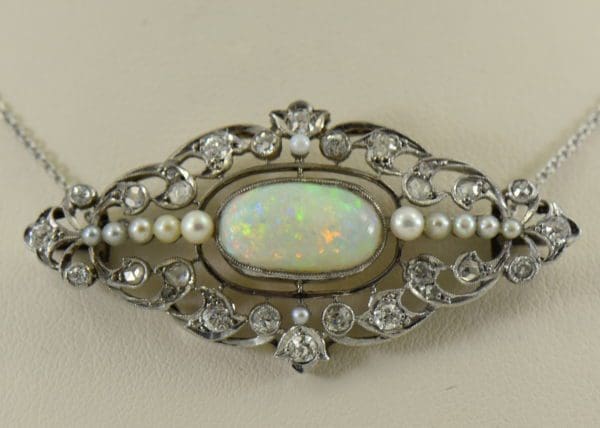 Amazing Art Deco Platinum Necklace with Australian Opal Diamonds  Pearls circa 1920s 3