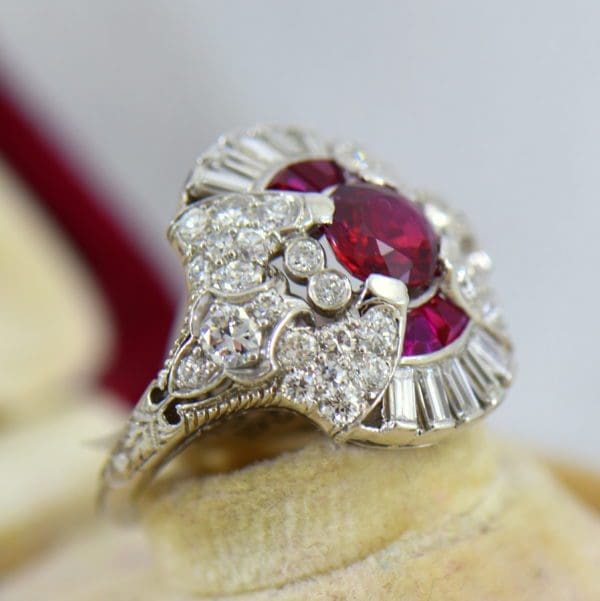 Art Deco Platinum Ring with Natural Ruby  Diamonds 4