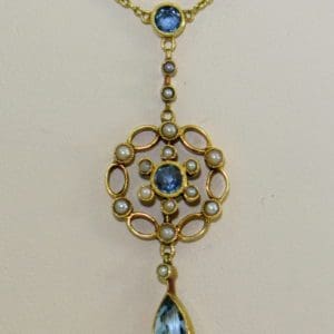 Edwardian 15ct Gold Antique Aquamarine Lavalier Necklace