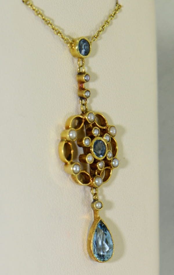 Edwardian 15ct Gold Antique Aquamarine Lavalier Necklace 2