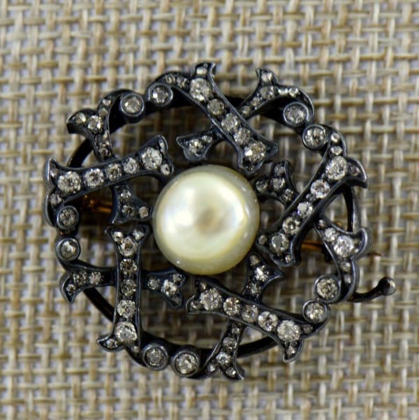 Victorian Pearl  Diamond Brooch in Oxidized silver over gold