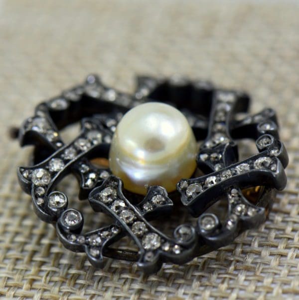 Victorian Pearl  Diamond Brooch in Oxidized silver over gold 2