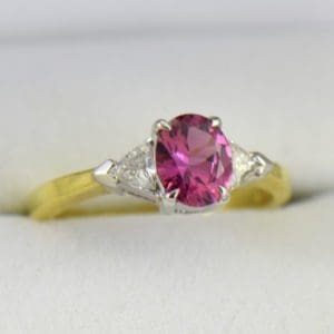 Deep Pink Sapphire  Trillion Diamond 3 stone Ring 5