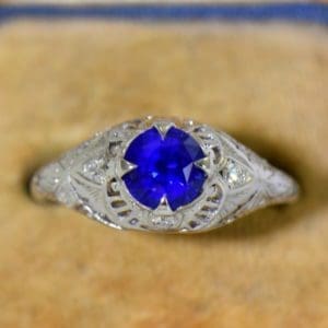 Round Royal Blue Sapphire Engagement Ring in Deco Platinum Mounting 4