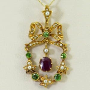 Victorian Suffragette Wreath Pendant with Unheated Ruby Demantoids  Pearls 2