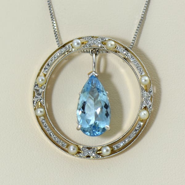 Edwardian Rose Cut Diamond  Pearl Circle Pendant with Aquamarine Dangle.JPG