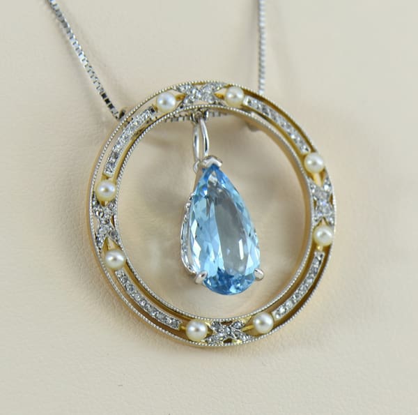 Edwardian Rose Cut Diamond  Pearl Circle Pendant with Aquamarine Dangle 4.JPG