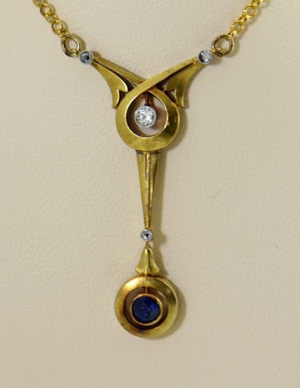 Art Nouveau Sapphire  Diamond Necklace in Yellow Gold.JPG