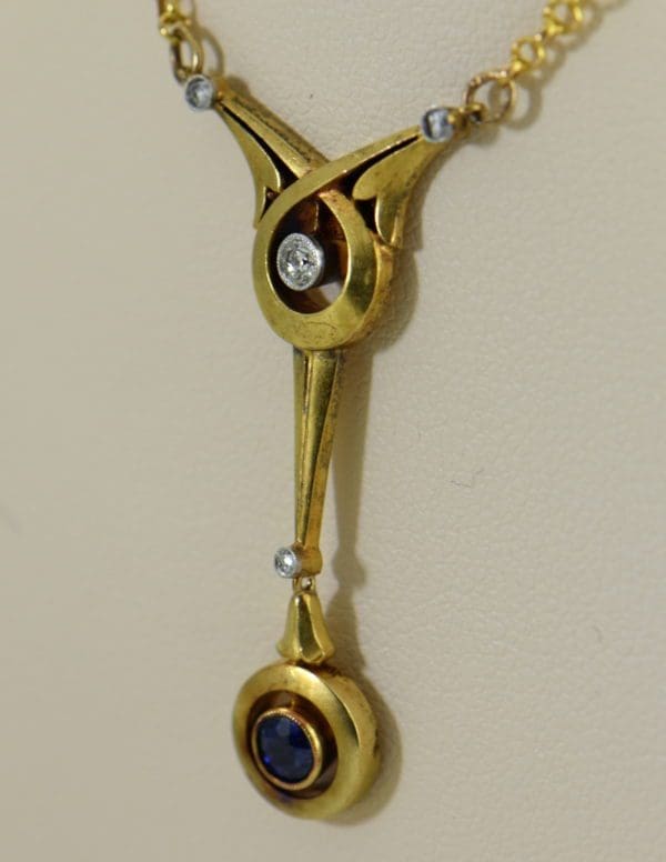 Art Nouveau Sapphire  Diamond Necklace in Yellow Gold 2.JPG