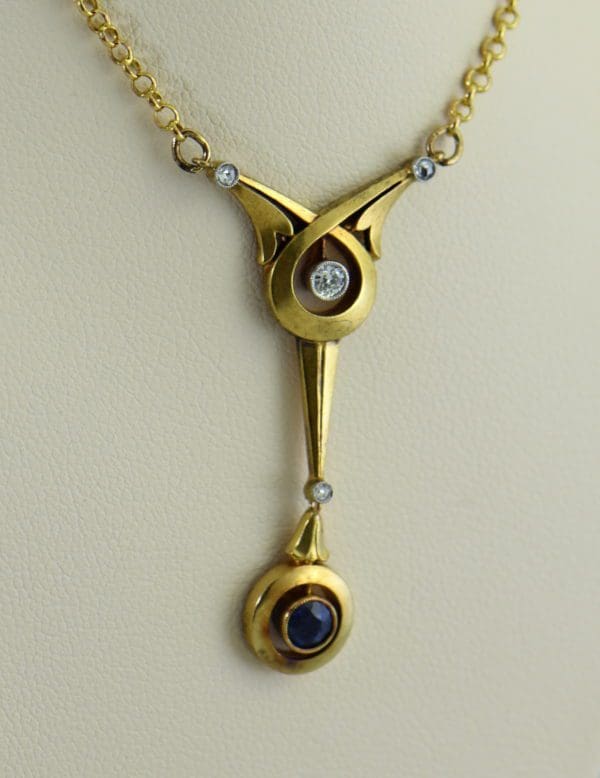 Art Nouveau Sapphire  Diamond Necklace in Yellow Gold 4.JPG
