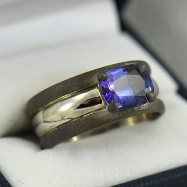 Custom Gent s Platinum and oxidized gold ring with blue spinel 3.JPG