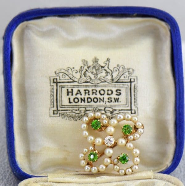 Edwardian Brooch with Demantoids Pearls  Diamonds in Harrods Box.JPG