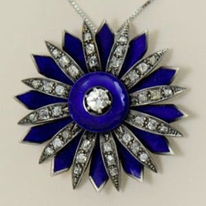 Victorian cobalt blue enamel and mine cut diamond daisy starburst pendant 2 guilloche focus.JPG