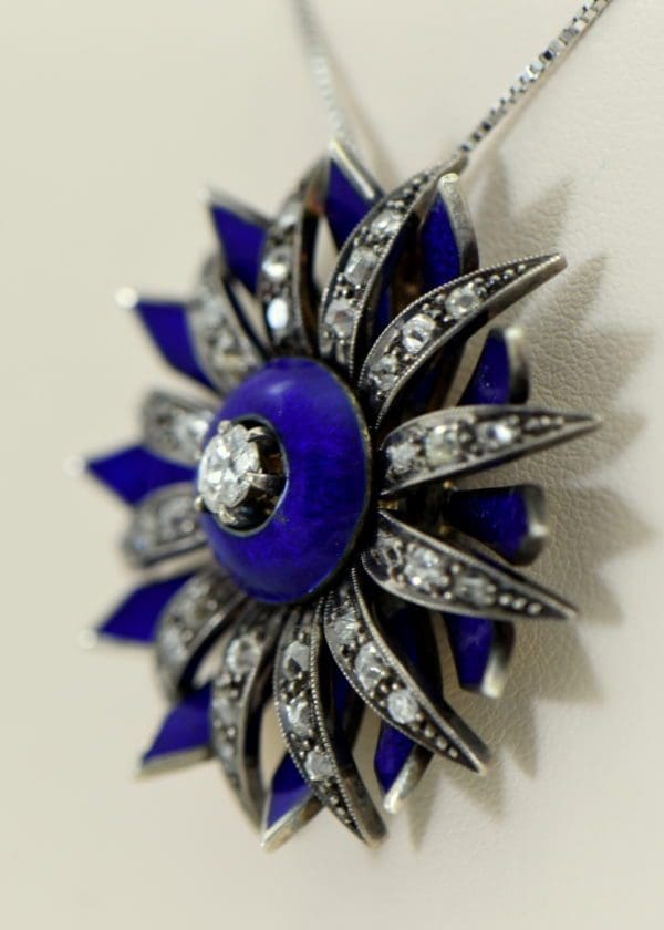 Victorian cobalt blue enamel and mine cut diamond daisy starburst pendant 3.JPG
