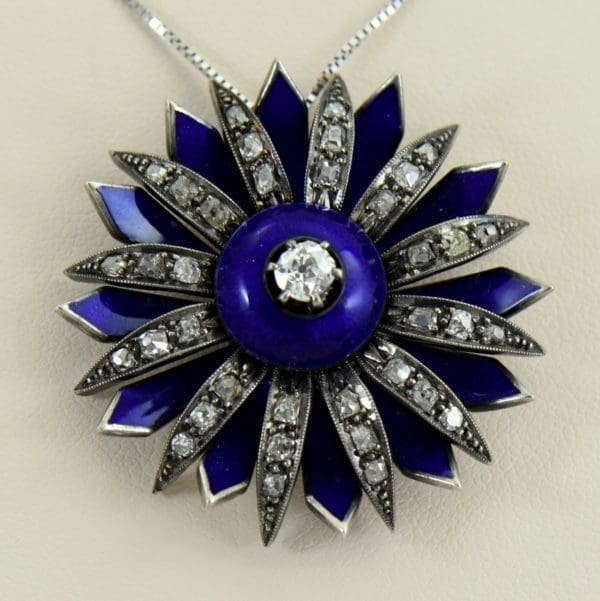 Victorian cobalt blue enamel and mine cut diamond daisy starburst pendant 4.JPG