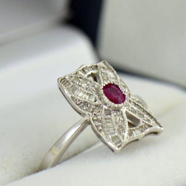 Vintage Style Ruby  Diamond Cluster Ring White Gold 2.JPG