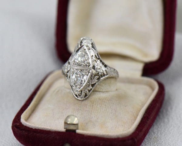 Art Deco Diamond 2 Stone Filigree Dinner Ring.JPG