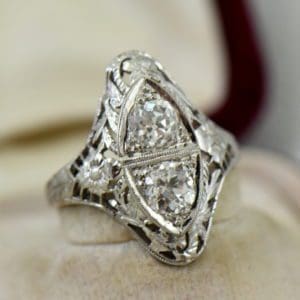 Art Deco Diamond 2 Stone Filigree Dinner Ring 3.JPG