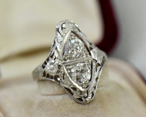 Art Deco Diamond 2 Stone Filigree Dinner Ring 3.JPG