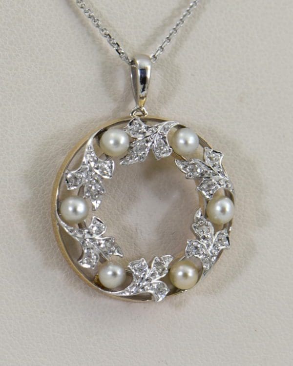 Edwardian Plat over Gold Diamond Pearl Wreath pendant.JPG