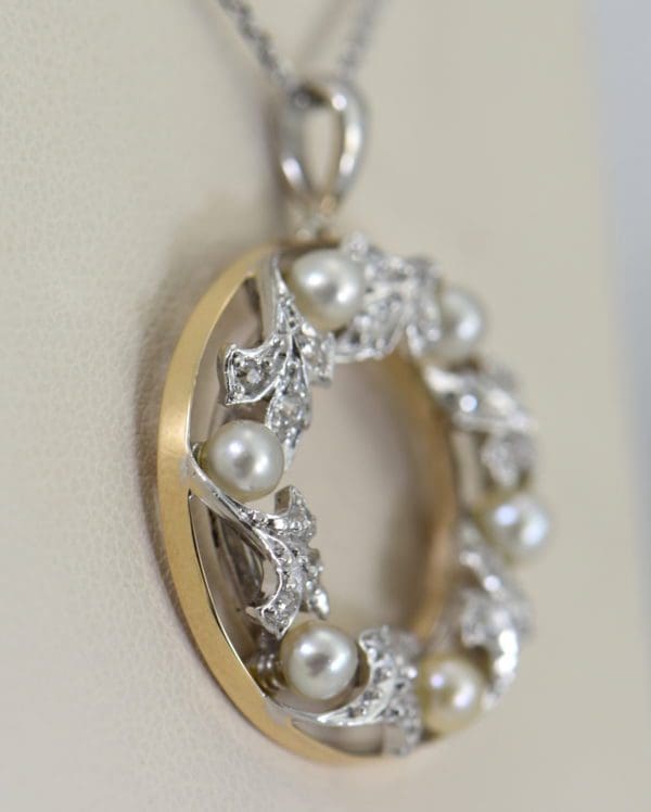 Edwardian Plat over Gold Diamond Pearl Wreath pendant 2.JPG