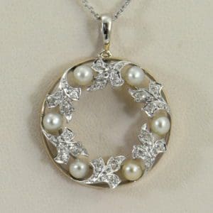 Edwardian Plat over Gold Diamond Pearl Wreath pendant 3.JPG