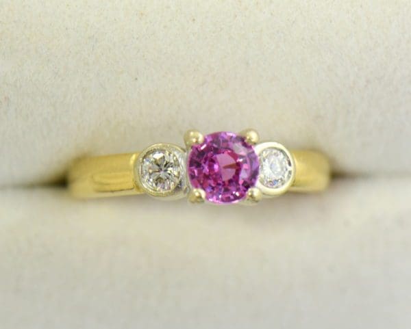 Round pink sapphire bezel diamond three stone ring 2.JPG