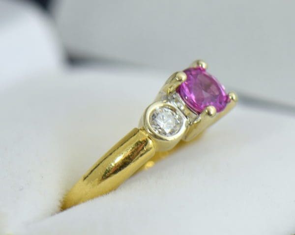 Round pink sapphire bezel diamond three stone ring 3.JPG