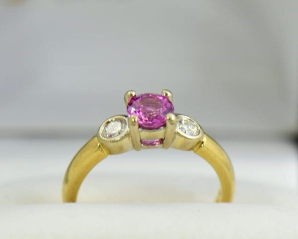Round pink sapphire bezel diamond three stone ring 4.JPG
