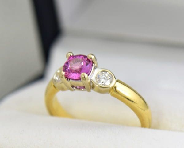 Round pink sapphire bezel diamond three stone ring 5.JPG
