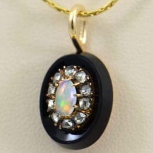 Victorian Gold Opal Rose Cut Diamond Onyx Pendant 2.JPG 1