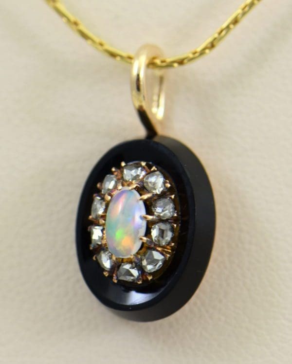Victorian Gold Opal Rose Cut Diamond Onyx Pendant 2.JPG 1