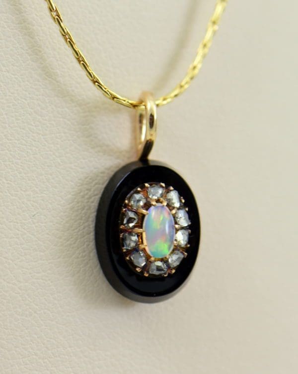 Victorian Gold Opal Rose Cut Diamond Onyx Pendant 4.JPG 1