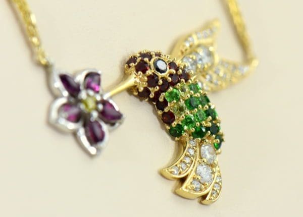 Custom Hummingbird Pendant with Rubies Tsavorite Diamonds Garnets in Yellow Gold 3.JPG