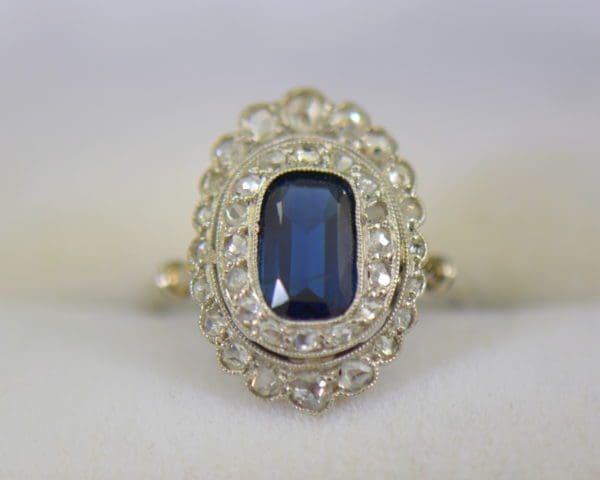 Edwardian Sapphire Ring in Rose Cut Diamond Double Halo.JPG