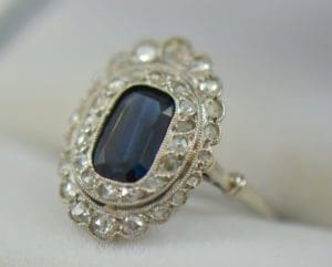 Edwardian Sapphire Ring in Rose Cut Diamond Double Halo