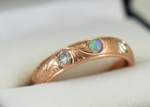 Opal DIamond Wedding Band in Carved Rose Gold 2.JPG