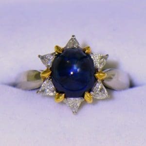 Cabochon Sapphire Trillion Diamond Flower Ring in Platinum 18ky 3.JPG
